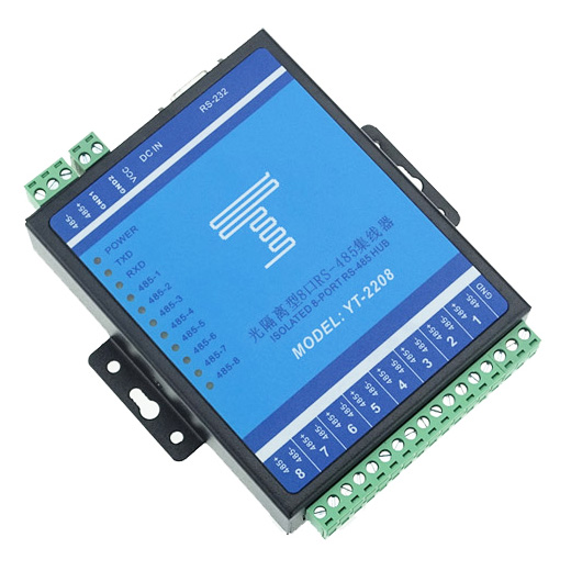 Industrial grade optical isolation 8-port RS485 hub