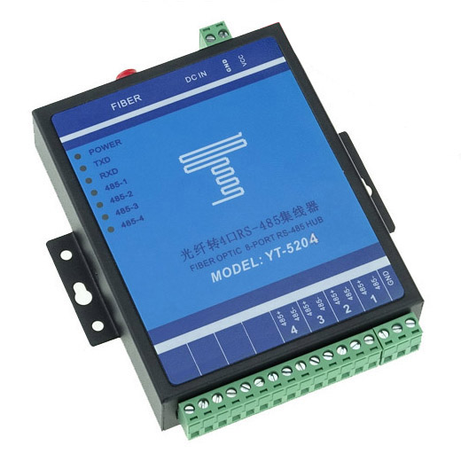 Industrial grade fiber optic to 4-way RS485 hub